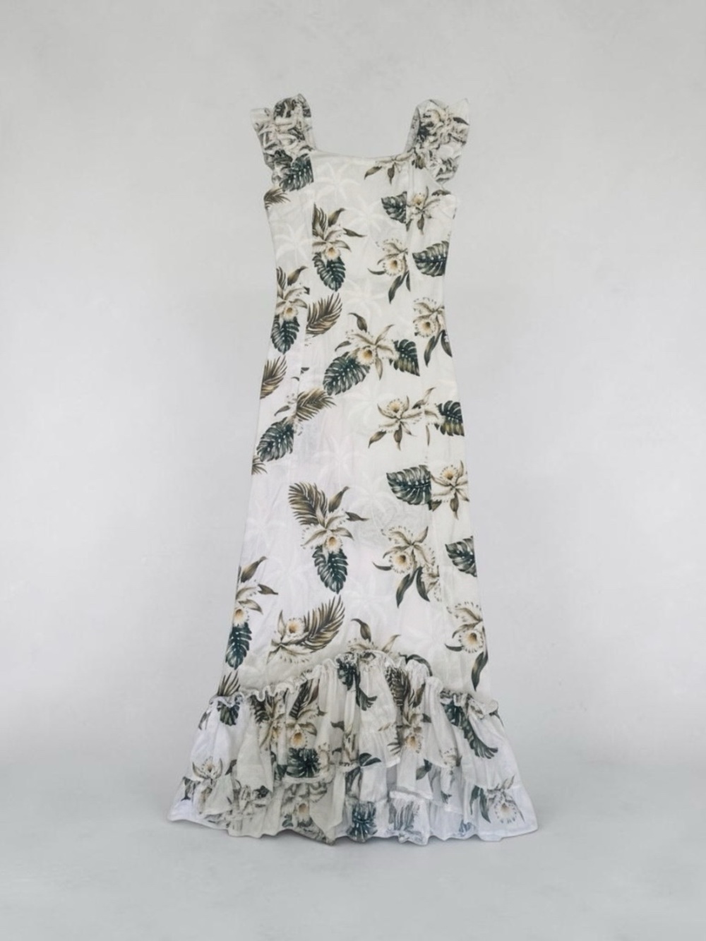 Vintage MAHALO Hawaiian Muumuu Dress White Tropical Floral Ruffle Mermaid Small - Picture 4 of 14